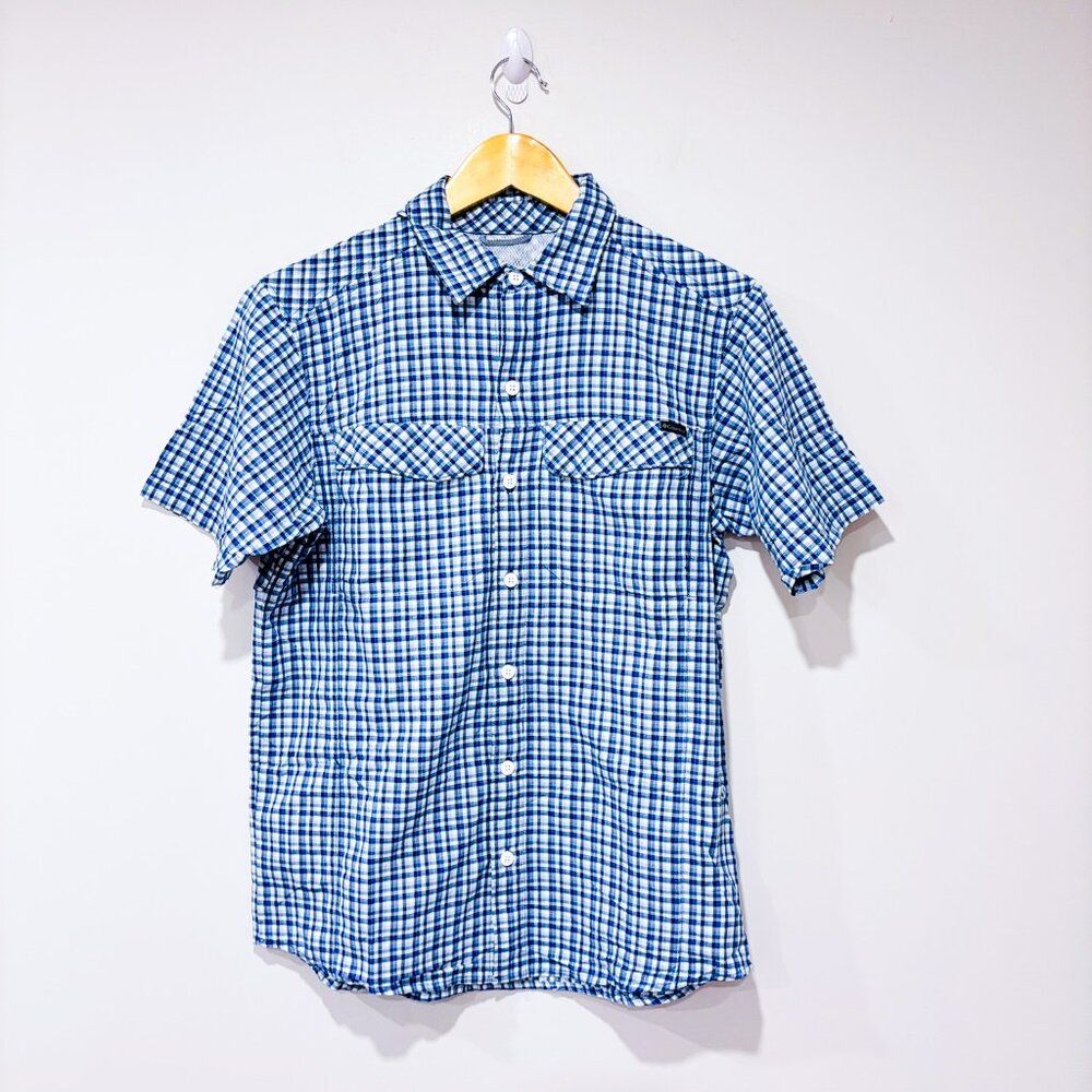 COLUMBIA Blue and white plaid short-sleeve shirt |‎ Easy casual | Small